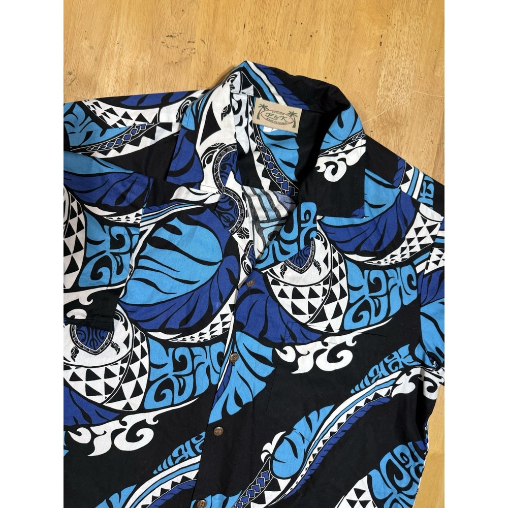 E&K Hawaiian Shirt Mens L Blue Black Sea Turtle Honu Cotton Aloha Made in USA